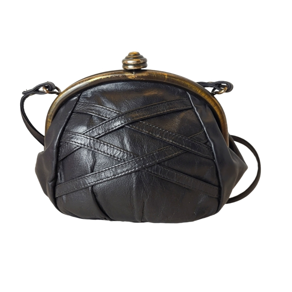 Retro black small snap closure criss-cross front detail crossbody shoulder bag.
